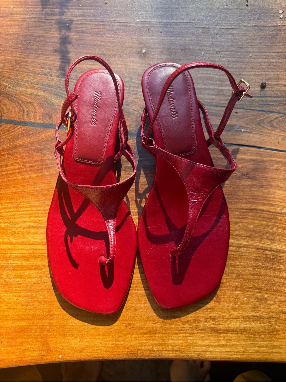 Madewell Red Leather T-Strap Sandals with Gold Buckle